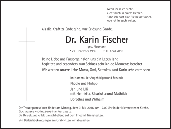 Traueranzeige von Karin Fischer von Süddeutsche Zeitung