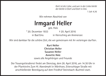 Traueranzeige von Irmgard Heller von Süddeutsche Zeitung