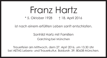 Traueranzeige von Franz Hartz von Süddeutsche Zeitung