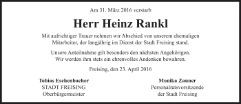 Traueranzeige von Heinz Rankl von Süddeutsche Zeitung