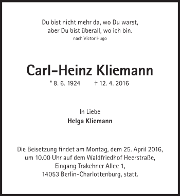 Traueranzeige von Carl-Heinz Kliemann von Süddeutsche Zeitung