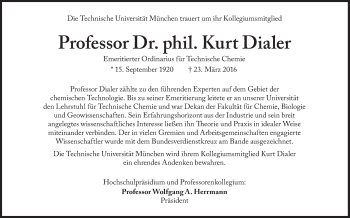 Traueranzeige von Kurt Dialer von Süddeutsche Zeitung