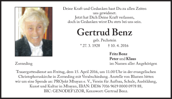 Traueranzeige von Gertrud Benz von Süddeutsche Zeitung