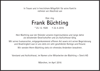 Traueranzeige von Frank Büchting von Süddeutsche Zeitung