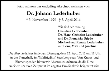 Traueranzeige von Johann Lederhuber von Süddeutsche Zeitung