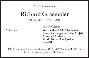 Traueranzeige von Richard Grasmaier von Süddeutsche Zeitung