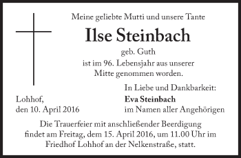 Traueranzeige von Ilse Steinbach von Süddeutsche Zeitung