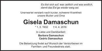 Traueranzeige von Gisela Damaschun von Süddeutsche Zeitung