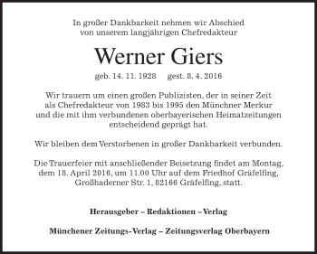 Traueranzeige von Werner Giers von Süddeutsche Zeitung