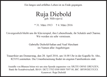 Traueranzeige von Ruja Diebold von SZ Trauer