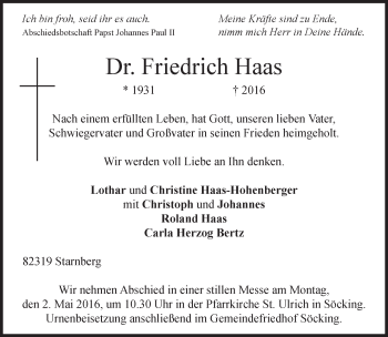 Traueranzeige von Friedrich Haas von Süddeutsche Zeitung