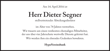 Traueranzeige von Dieter Segner von Süddeutsche Zeitung