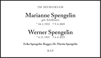 Traueranzeige von Marianne und Werner Spengelin von Süddeutsche Zeitung