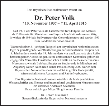 Traueranzeige von Peter Volk von Süddeutsche Zeitung