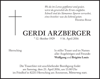 Traueranzeige von Gerdi Arzberger von Süddeutsche Zeitung