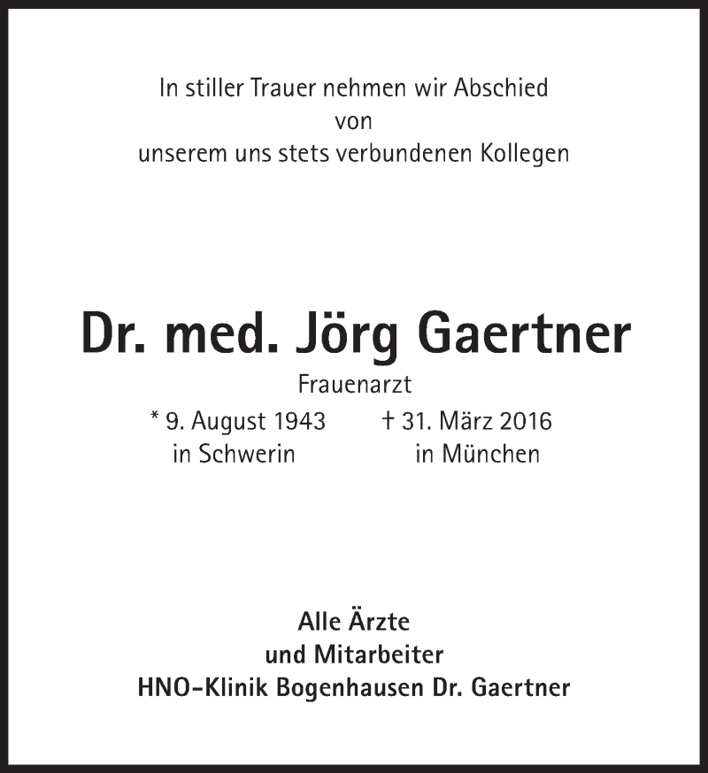  Traueranzeige für Jörg Gaertner vom 30.04.2016 aus Süddeutsche Zeitung