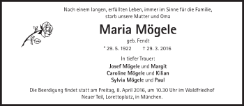 Traueranzeige von Maria Mögele von Süddeutsche Zeitung