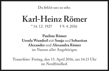 Traueranzeige von Karl-Heinz Römer von Süddeutsche Zeitung