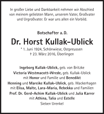 Traueranzeige von Horst Kullak-Ublick von Süddeutsche Zeitung