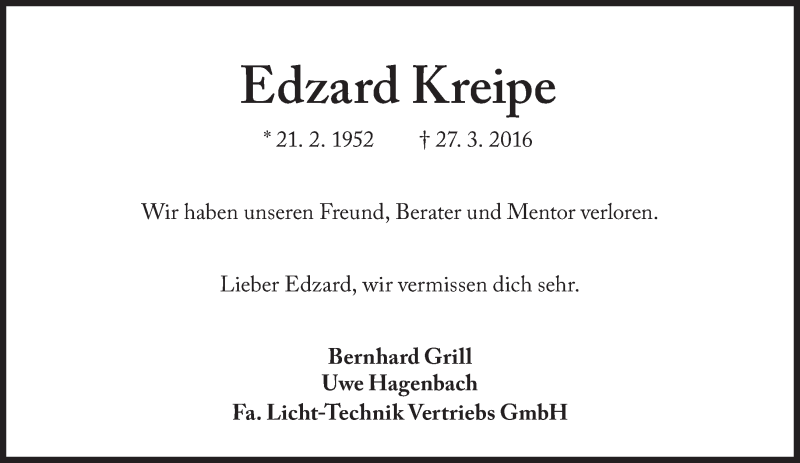  Traueranzeige für Edzard Kreipe vom 23.04.2016 aus Süddeutsche Zeitung