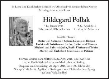 Traueranzeige von Hildegard Pollak von Süddeutsche Zeitung