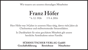 Traueranzeige von Franz Höfer von Süddeutsche Zeitung