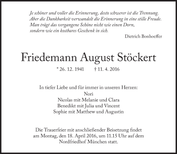 Traueranzeige von Friedemann August Stöckert  von Süddeutsche Zeitung