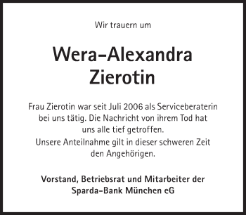 Traueranzeige von Wera-Alexandra Zierotin von Süddeutsche Zeitung