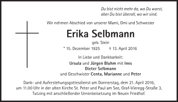 Traueranzeige von Erika Selbmann von Süddeutsche Zeitung