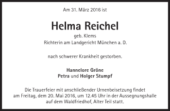 Traueranzeige von Helma Reichel von Süddeutsche Zeitung