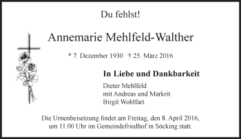 Traueranzeige von Annemarie Mehlfeld-Walther von Süddeutsche Zeitung