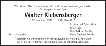 Traueranzeige von Walter Klebensberger von Süddeutsche Zeitung