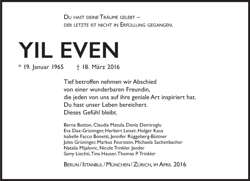  Traueranzeige für Yil Even vom 09.04.2016 aus Süddeutsche Zeitung
