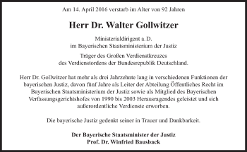 Traueranzeige von Walter Gollwitzer von Süddeutsche Zeitung