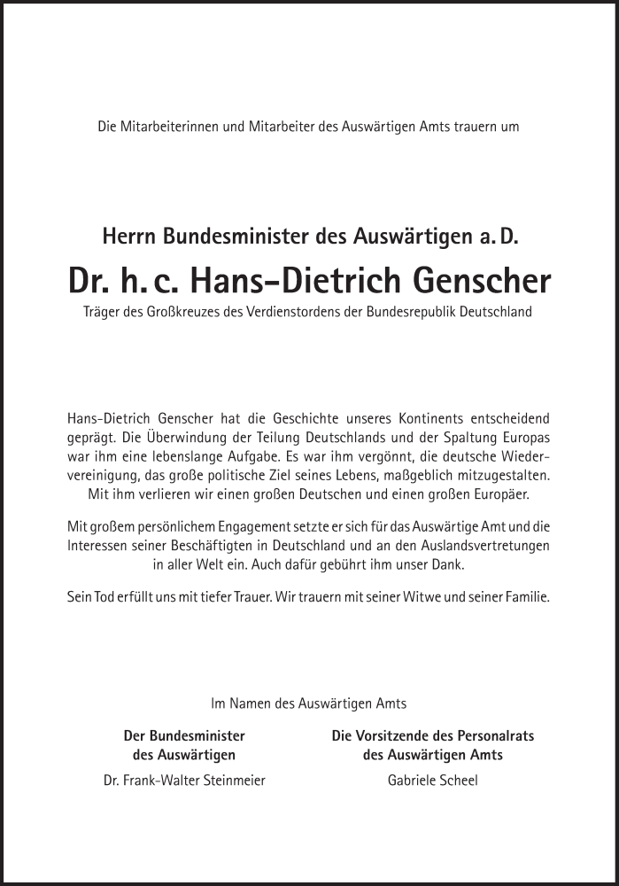  Traueranzeige für Hans-Dietrich Genscher vom 06.04.2016 aus Süddeutsche Zeitung
