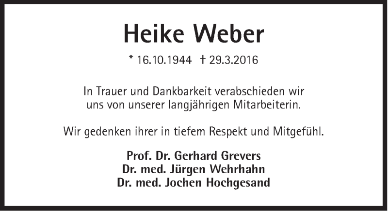  Traueranzeige für Heike Weber vom 09.04.2016 aus Süddeutsche Zeitung