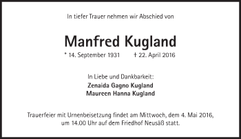 Traueranzeige von Manfred Kugland von Süddeutsche Zeitung