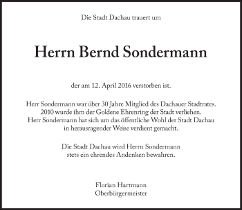 Traueranzeige von Bernd Sondermann von Süddeutsche Zeitung