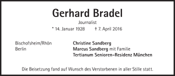 Traueranzeige von Gerhard Bradel von Süddeutsche Zeitung