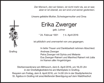 Traueranzeige von Erika Zwerger von Süddeutsche Zeitung