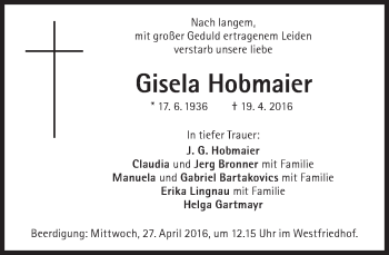 Traueranzeige von Gisela Hobmaier von Süddeutsche Zeitung