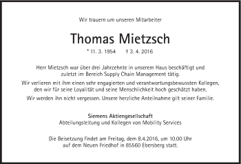 Traueranzeige von Thomas Mietzsch von Süddeutsche Zeitung