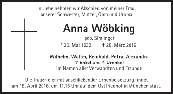 Traueranzeige von Anna Wöbking von Süddeutsche Zeitung