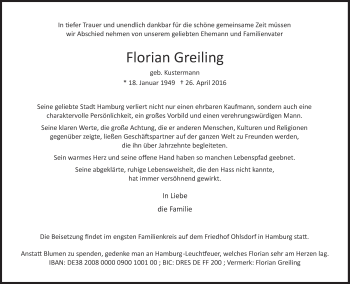 Traueranzeige von Florian Greiling von Süddeutsche Zeitung