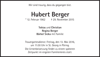 Traueranzeige von Hubert Berger von Süddeutsche Zeitung