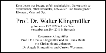 Traueranzeige von Walter Klingmüller von Süddeutsche Zeitung
