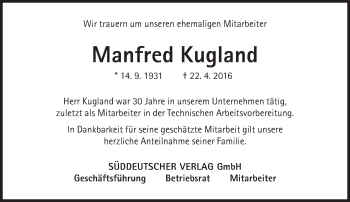 Traueranzeige von Manfred Kugland von Süddeutsche Zeitung