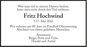 Traueranzeige von Fritz Hochwind von Süddeutsche Zeitung
