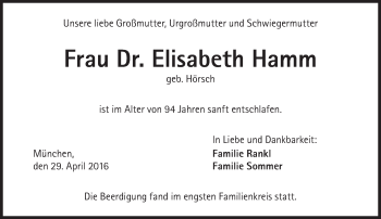 Traueranzeige von Elisabeth Hamm von Süddeutsche Zeitung