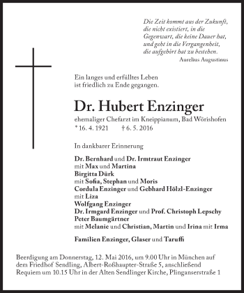 Traueranzeige von Hubert Enzinger von Süddeutsche Zeitung